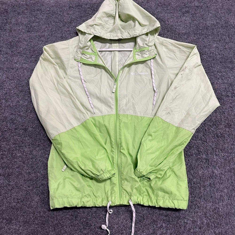 Columbia Windbreaker Womens XS Green Colorblock Full Zip Hooded Stained KL3010